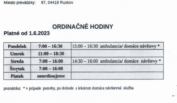 Aktuality / Zmena ordinačných hodín -všeobecný lekár v Ruskove  -MUDr. Popovec - foto