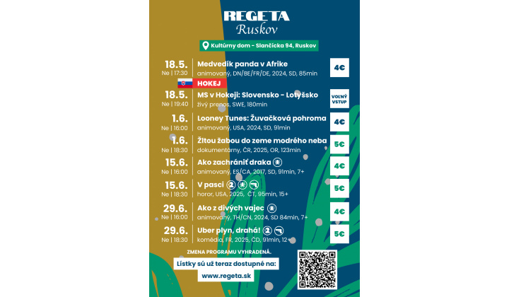Fotka pre článok Kino. Regeta Ruskov - program na máj a jún